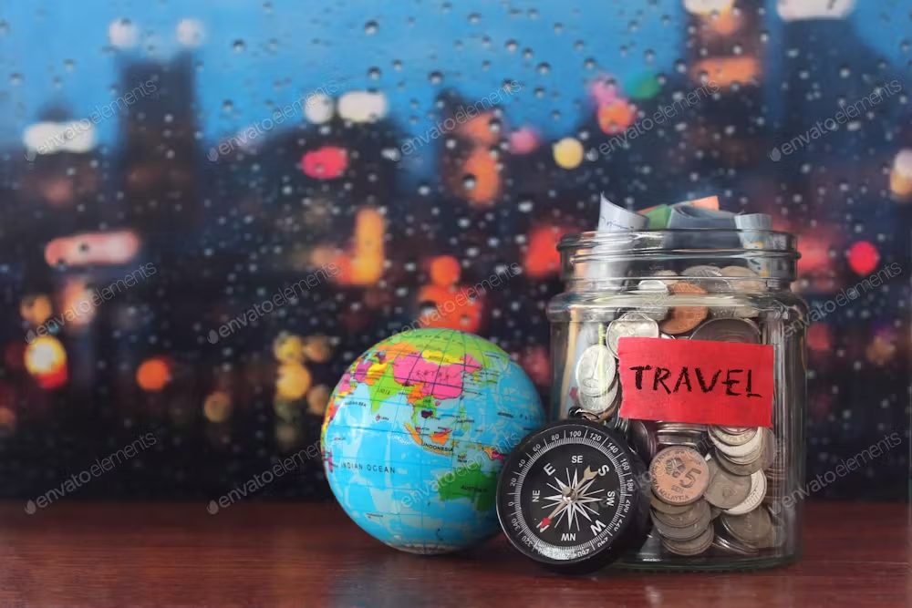 travel budget concept. Coins in a glass jar, earth globe and compass 