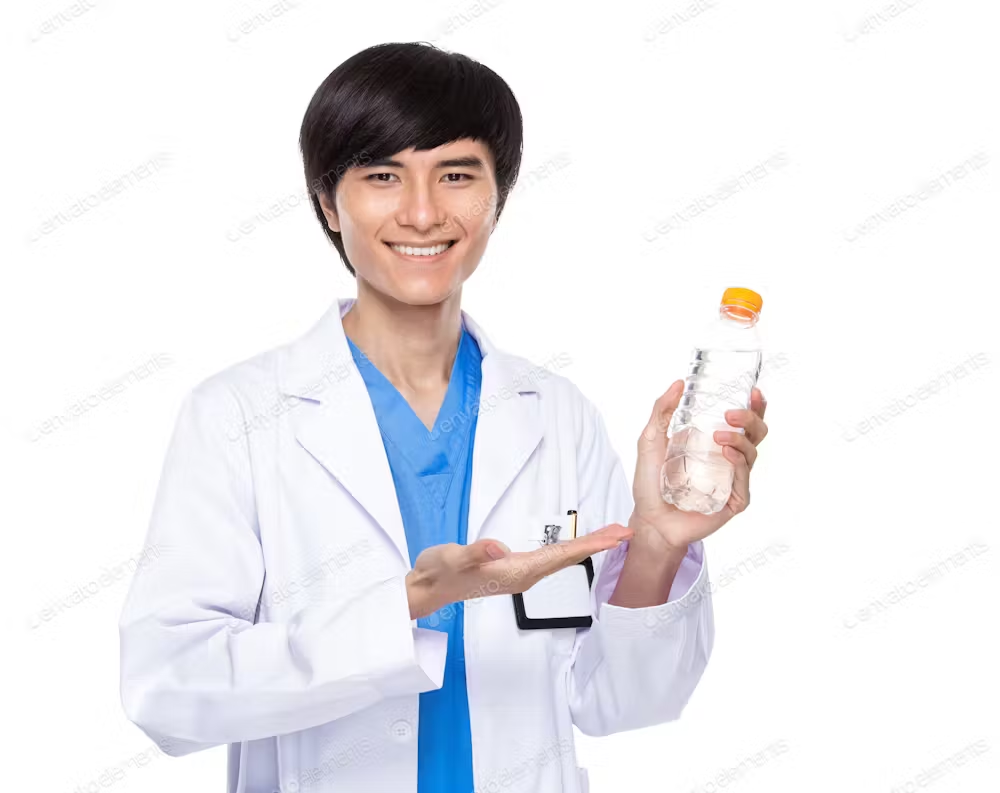 doctor with water bottle, water helping with health and youthful appearance